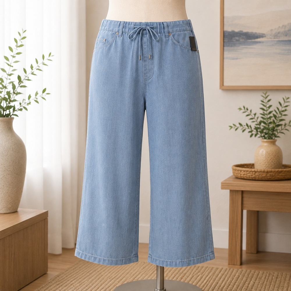 NWT Peace Love World Wide Leg Denim Pants Womens 28WP Blue Drawstring Chambray